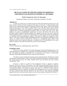 Re-Evaluation of Species Limits of Hortonia (Monimiaceae) Based on Empirical Methods