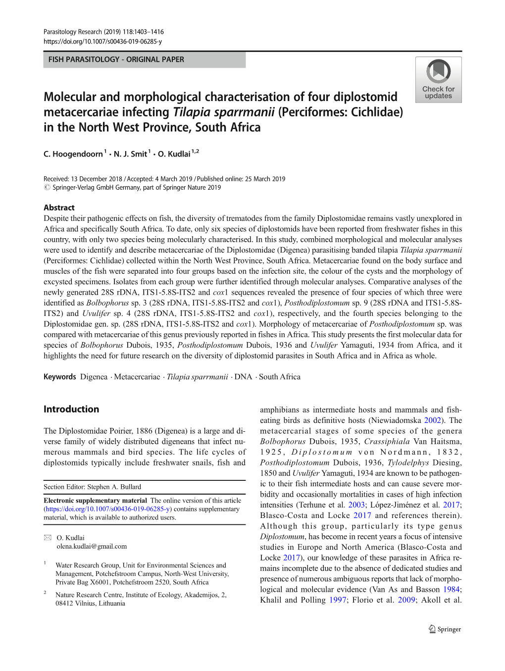 Molecular and Morphological Characterisation of Four Diplostomid Metacercariae Infecting Tilapia Sparrmanii (Perciformes: Cichli