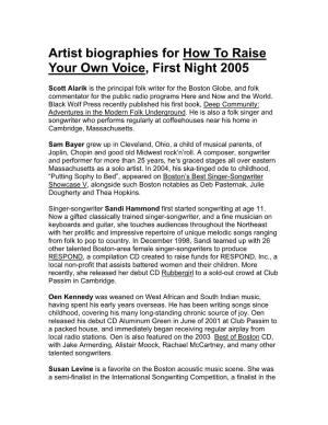 Artist Biographies for How to Raise Your Own Voice, First Night 2005