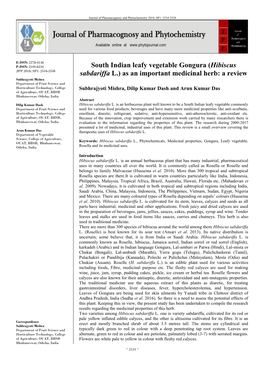 South Indian Leafy Vegetable Gongura (Hibiscus Sabdariffa L.) As an Important Medicinal Herb: a Review