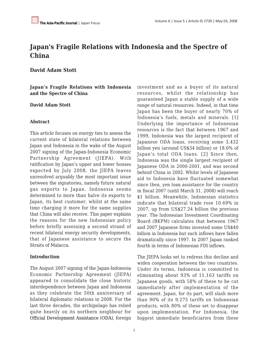 Japan's Fragile Relations with Indonesia and the Spectre of China