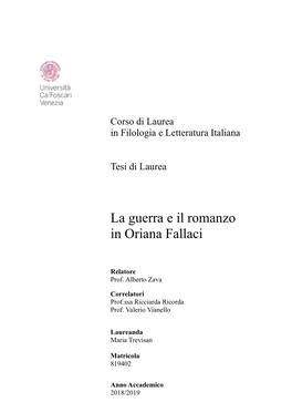 La Guerra E Il Romanzo in Oriana Fallaci