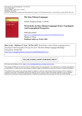 The Sino-Tibetan Languages Word Order in Sino-Tibetan Languages from a Typological and Geographical Perspective