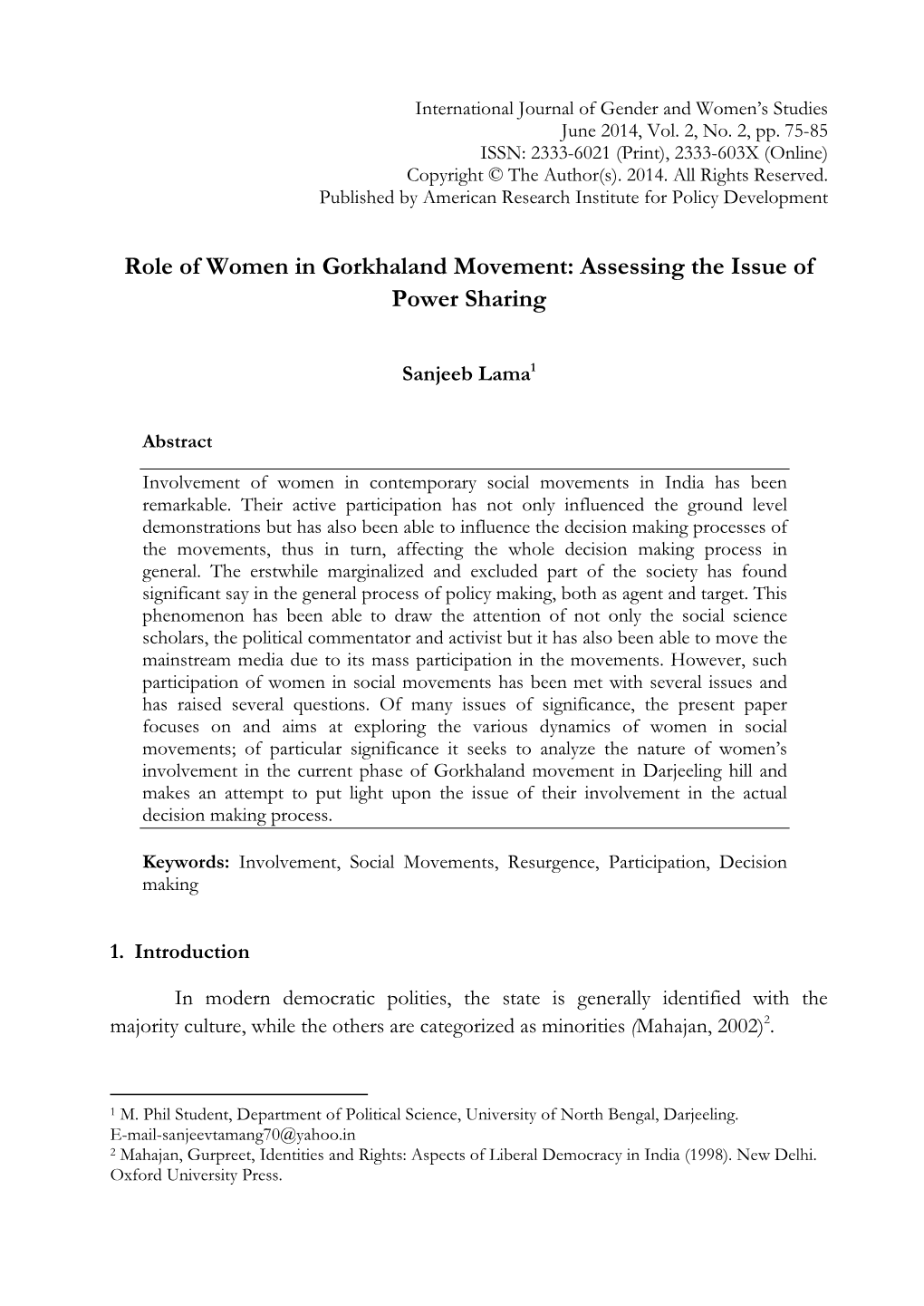 Role of Women in Gorkhaland Movement: Assessing the Issue of Power Sharing