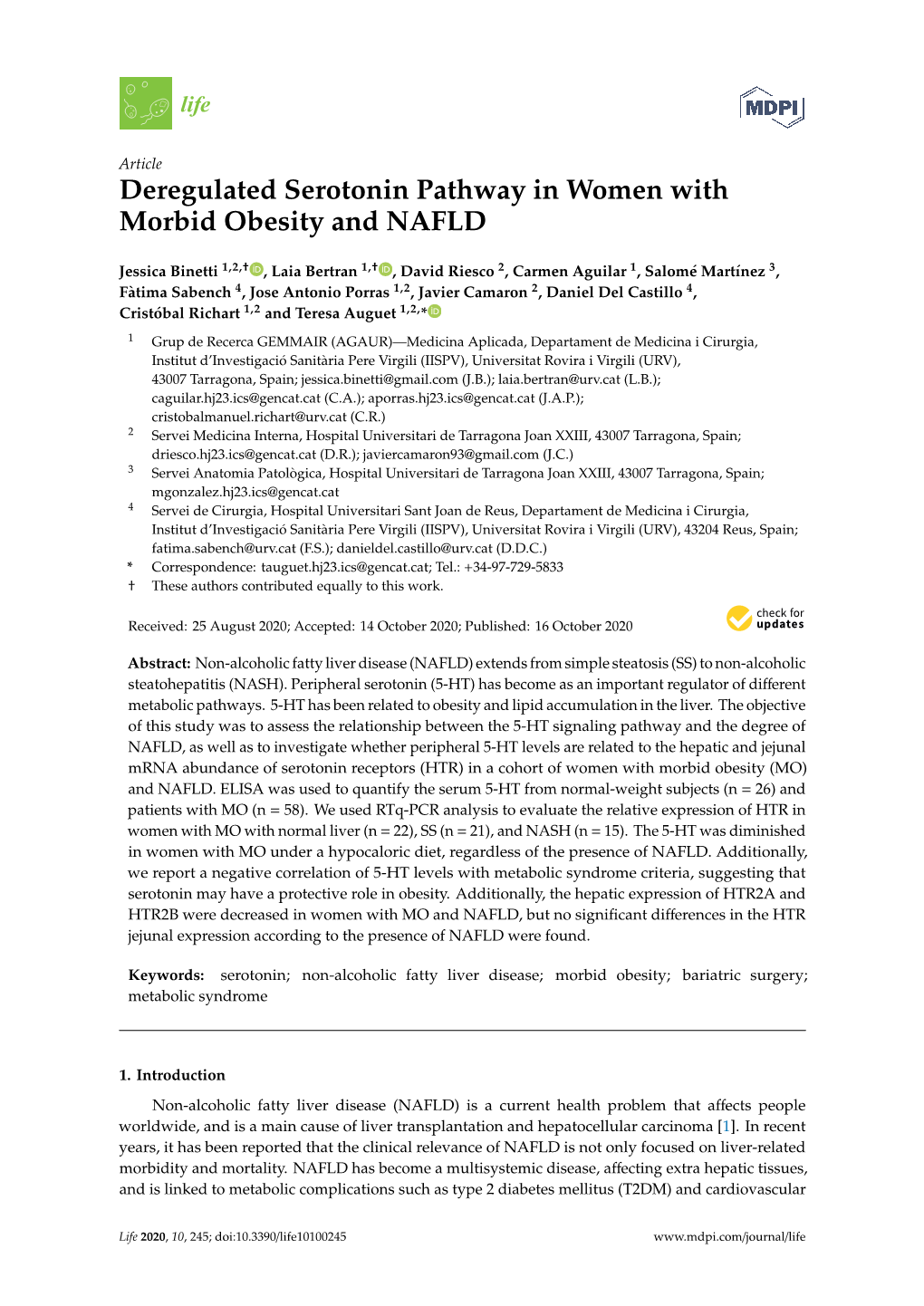 Deregulated Serotonin Pathway in Women with Morbid Obesity and NAFLD