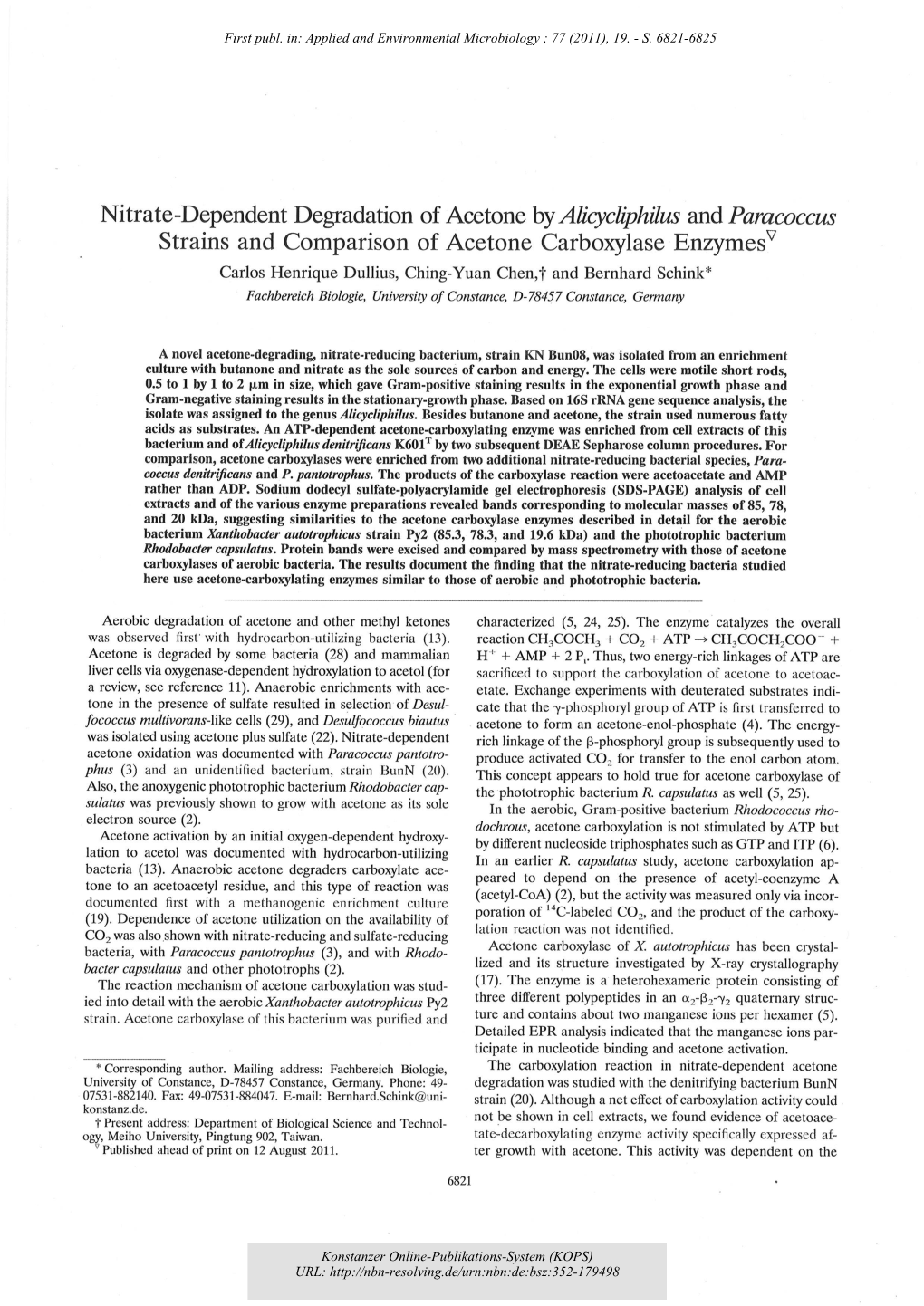 Nitrate-Dependent Degradation of Acetone by Alicycliphilus And