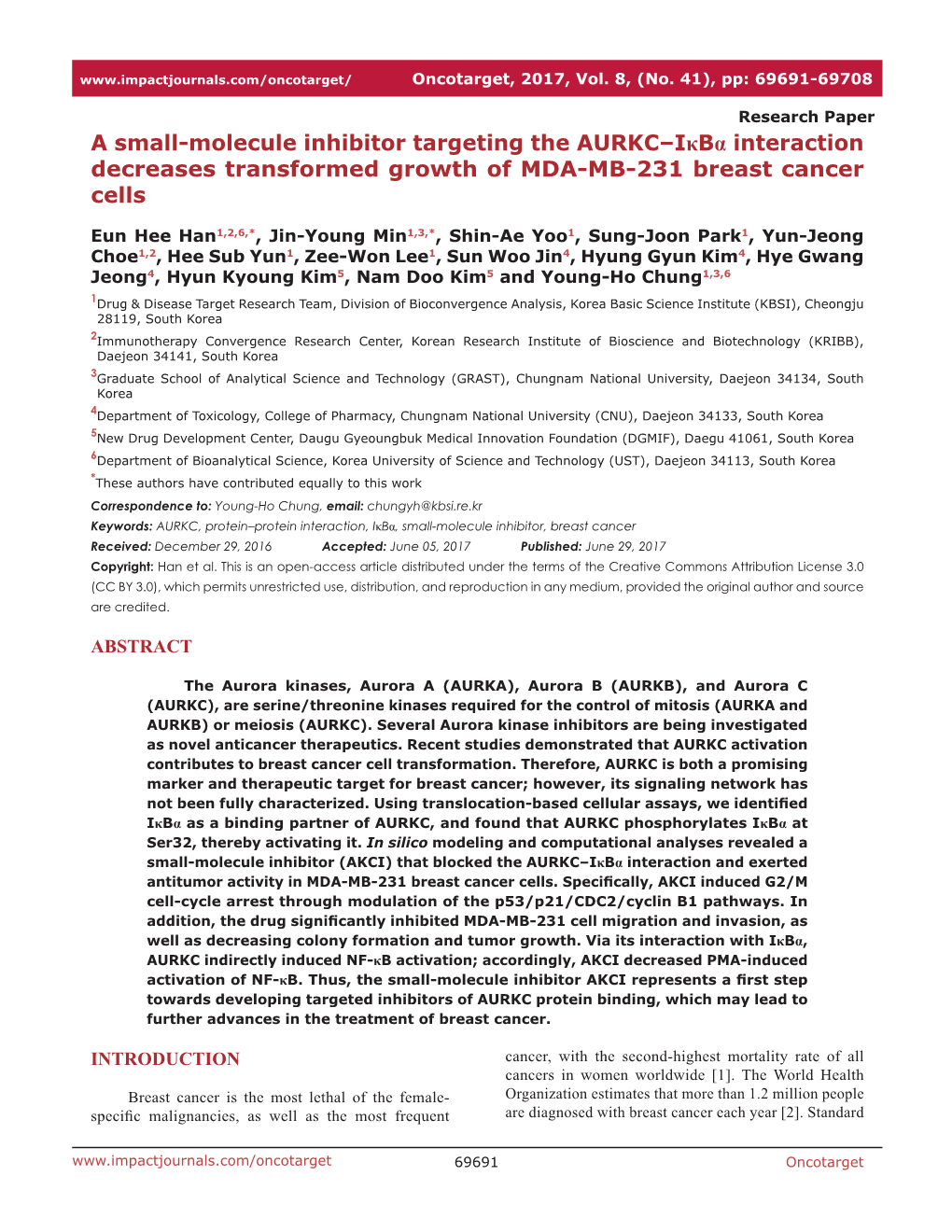 A Small-Molecule Inhibitor Targeting the AURKC–Iκbα Interaction Decreases Transformed Growth of MDA-MB-231 Breast Cancer Cells