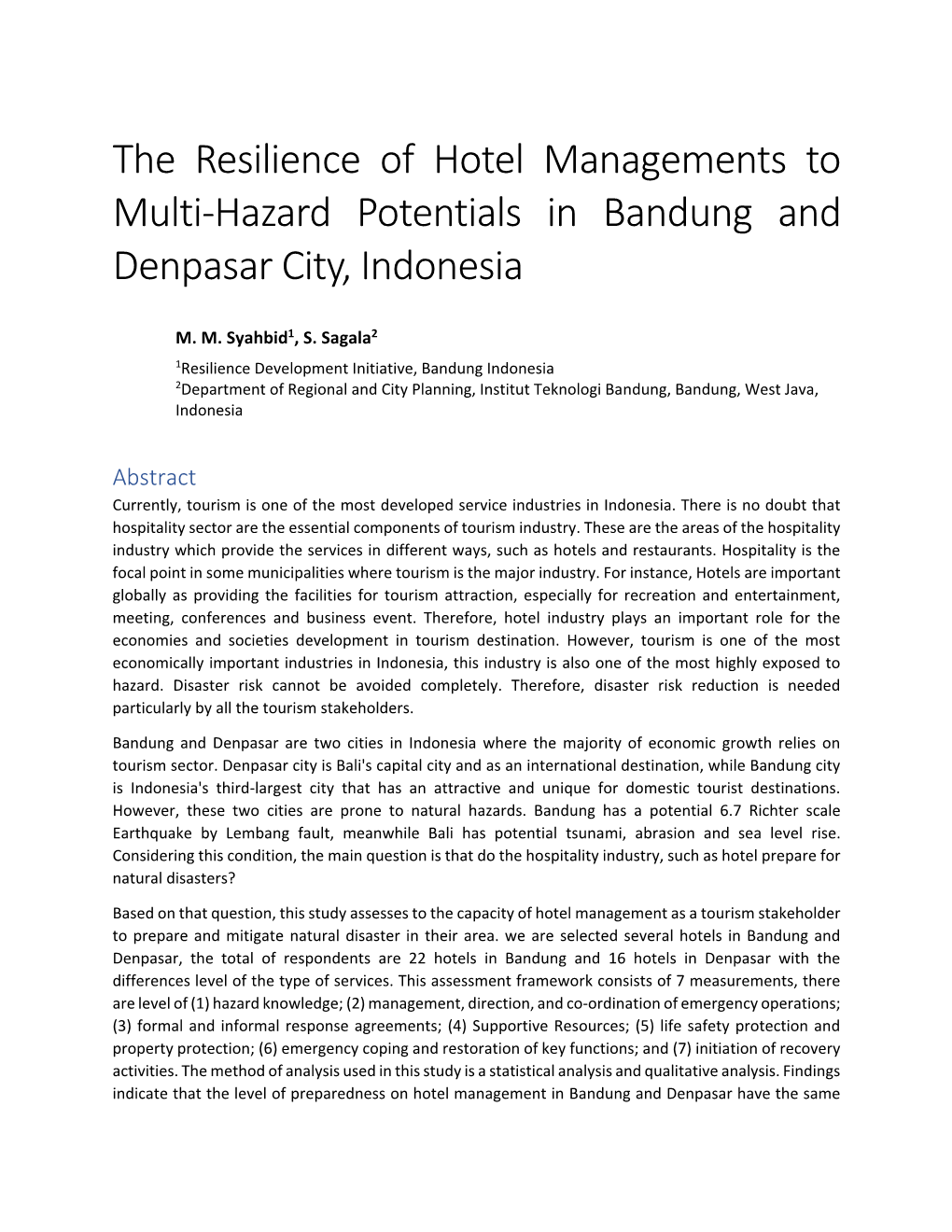 The Resilience of Hotel Managements to Multi‐Hazard Potentials in Bandung and Denpasar City, Indonesia