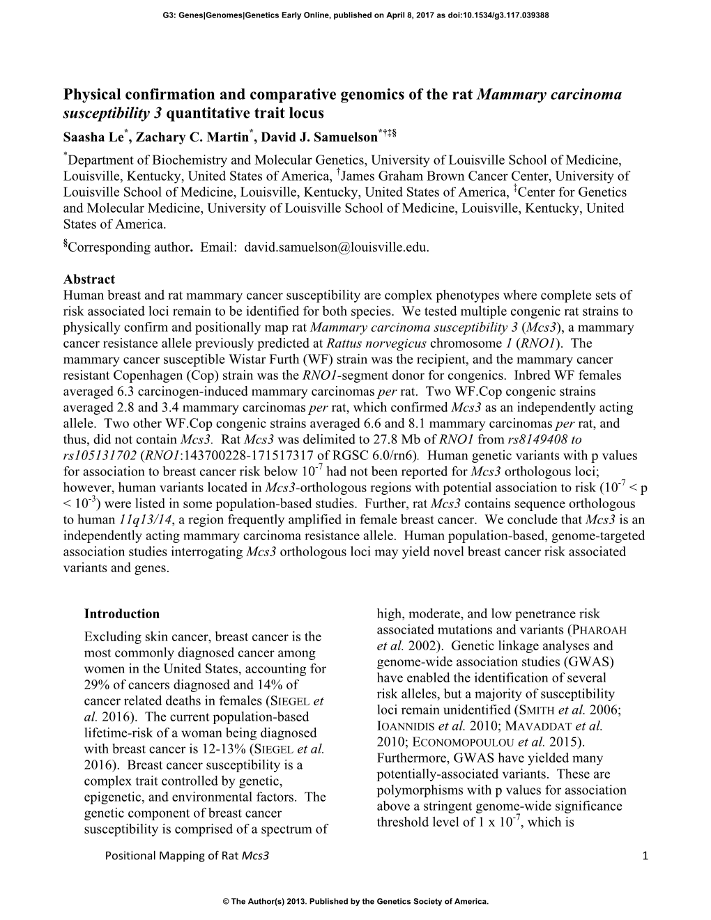 Physical Confirmation and Comparative Genomics of Rat Mammary Carcinoma Susceptibility 3 Quantitative Trait Locus