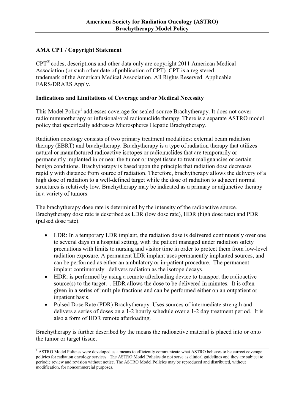 ASTRO's Brachytherapy Model Policy