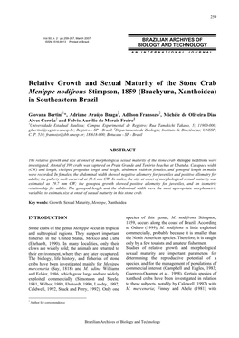 Relative Growth and Sexual Maturity of the Stone Crab Menippe Nodifrons Stimpson, 1859 (Brachyura, Xanthoidea) in Southeastern Brazil