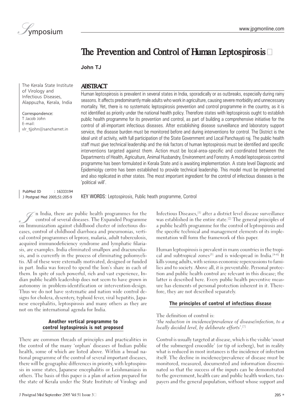 The Prevention and Control of Human Leptospirosisleptospirosis