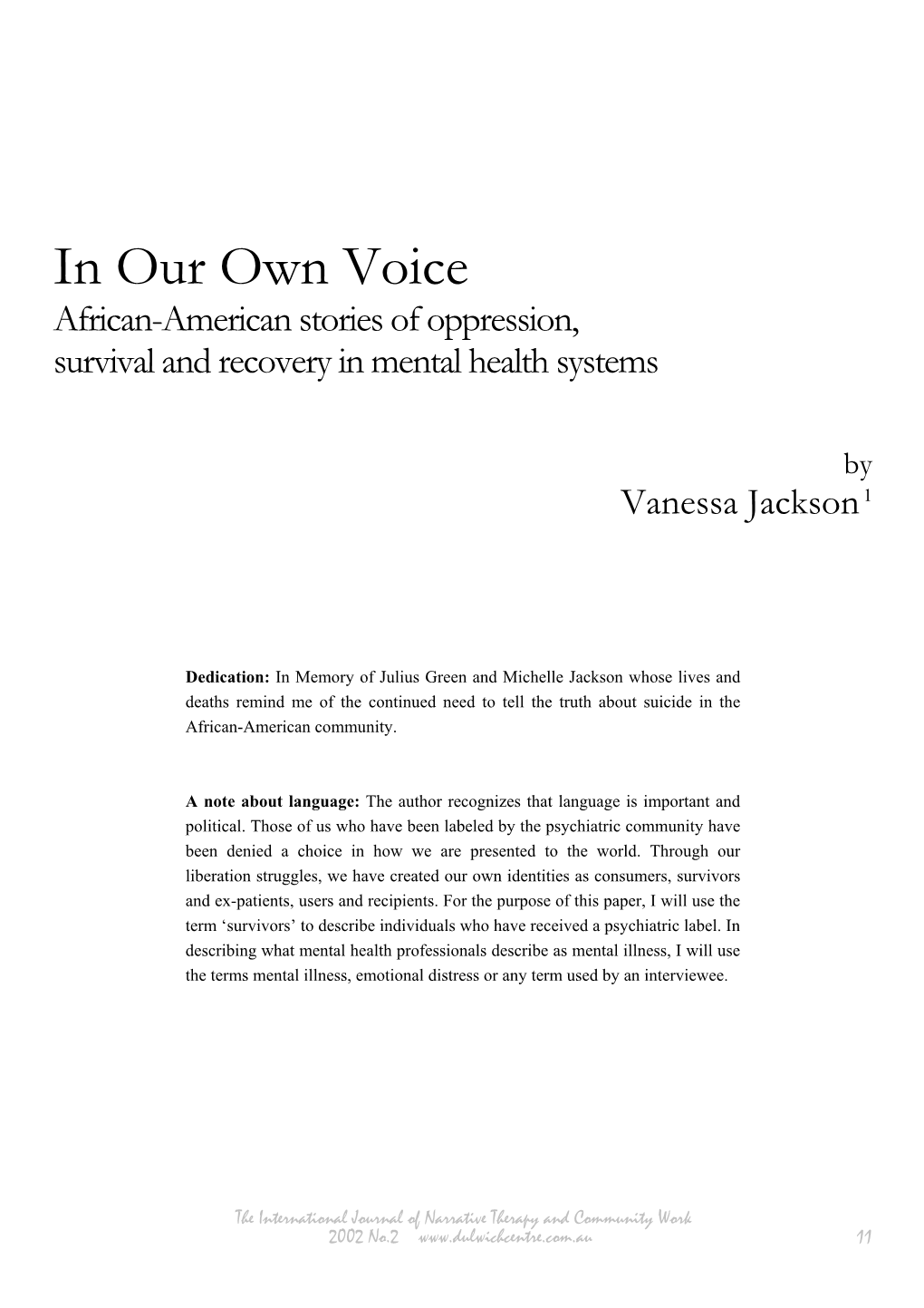 In Our Own Voice: African American Stories of Oppression Survival And