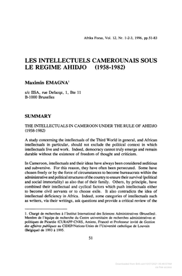 Les Intellectuels Camerounais Sous Le Regime Ahidjo (1958-1982)
