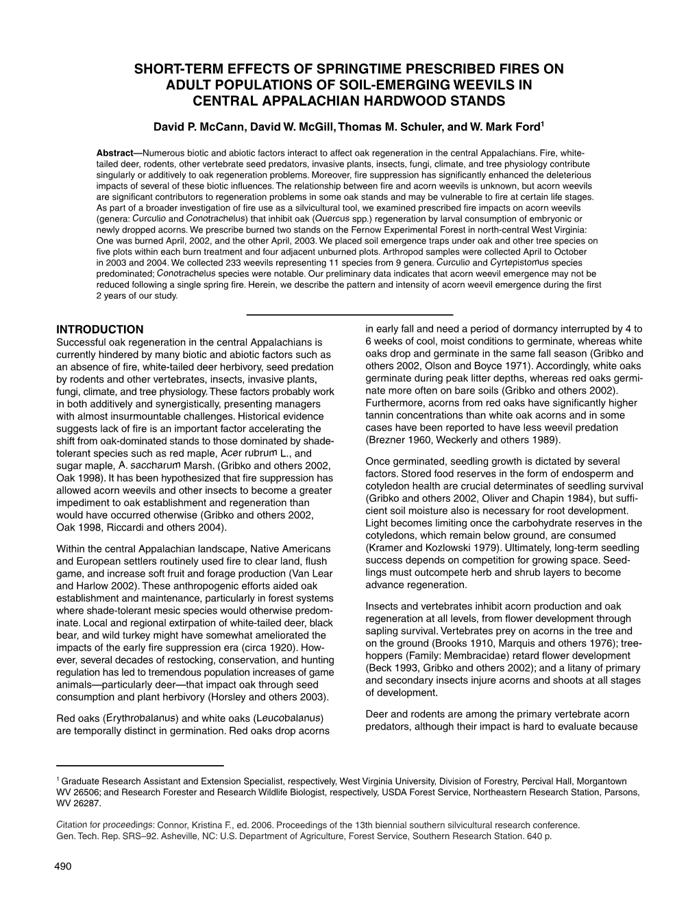 Short-Term Effects of Springtime Prescribed Fires on Adult Populations of Soil-Emerging Weevils in Central Appalachian Hardwood Stands