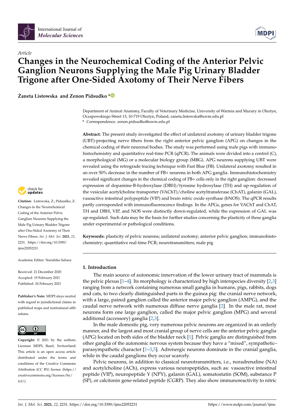 Changes in the Neurochemical Coding of the Anterior Pelvic