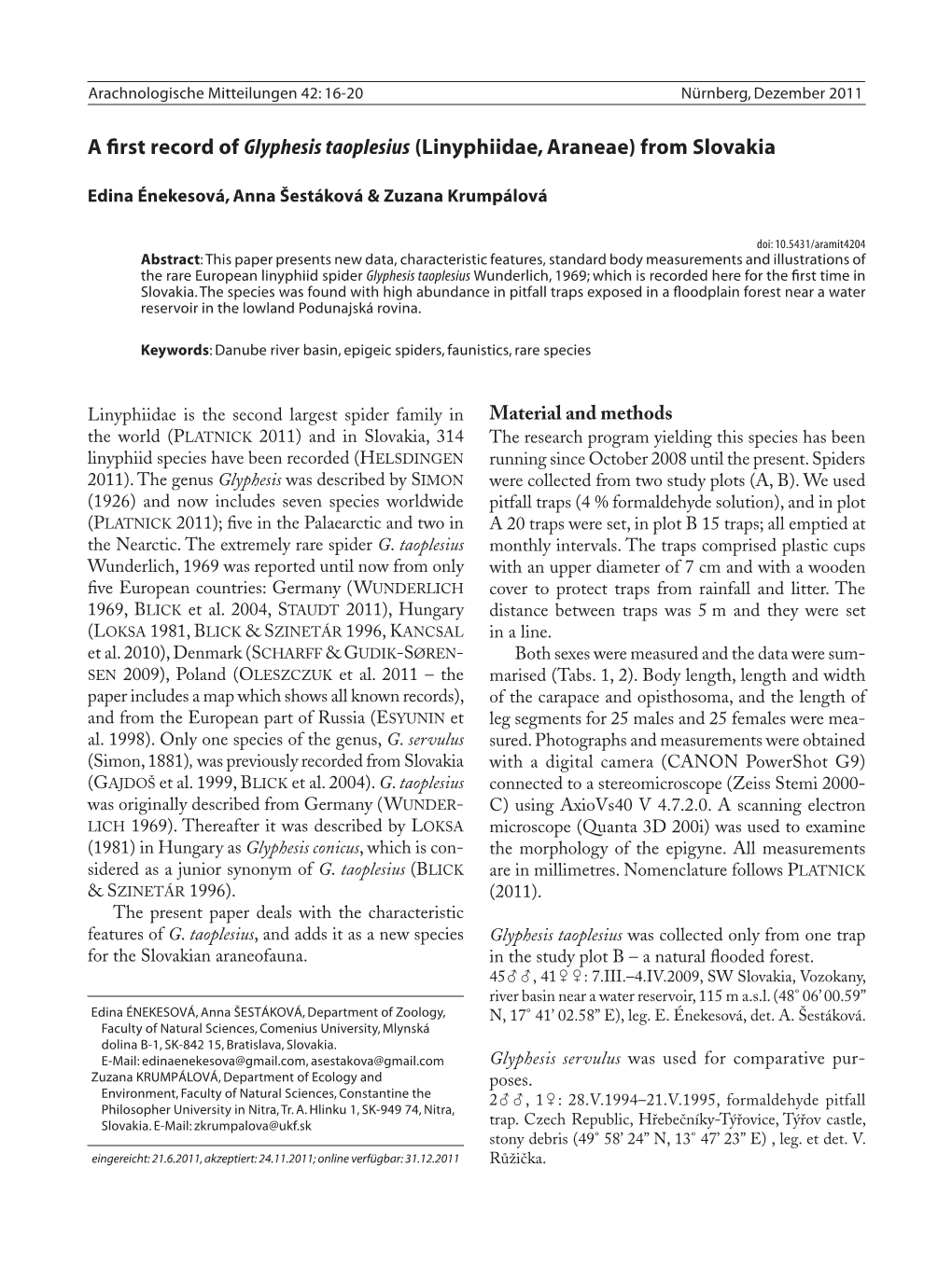 A First Record of Glyphesis Taoplesius (Linyphiidae, Araneae) from Slovakia