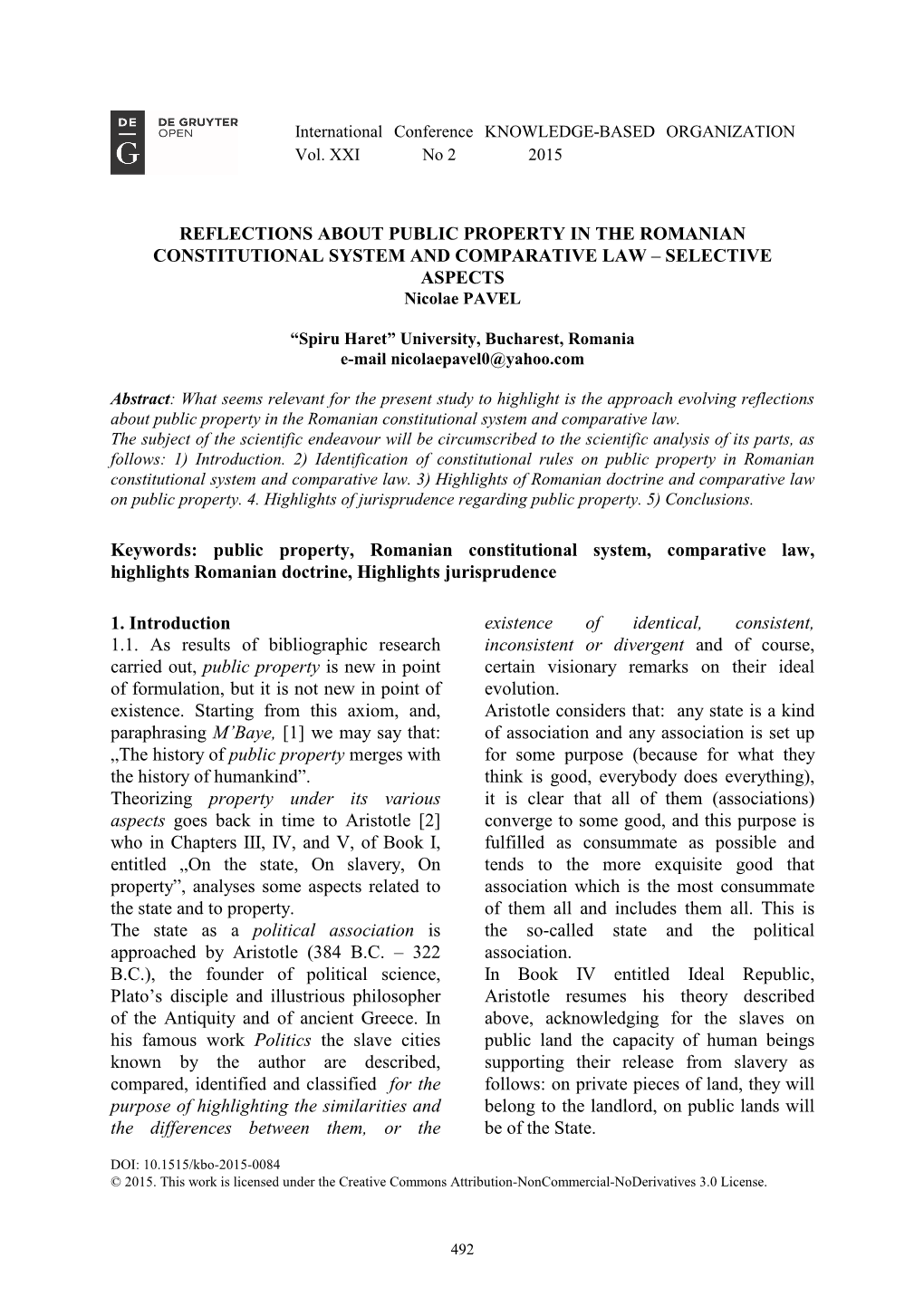 REFLECTIONS ABOUT PUBLIC PROPERTY in the ROMANIAN CONSTITUTIONAL SYSTEM and COMPARATIVE LAW – SELECTIVE ASPECTS Nicolae PAVEL