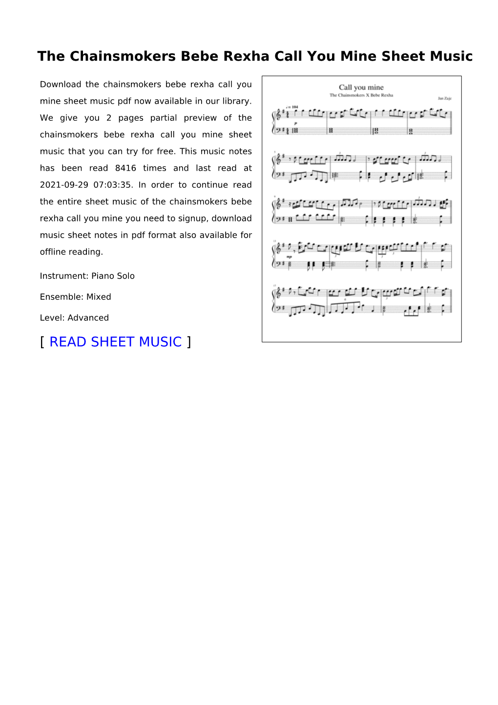 The Chainsmokers Bebe Rexha Call You Mine Sheet Music