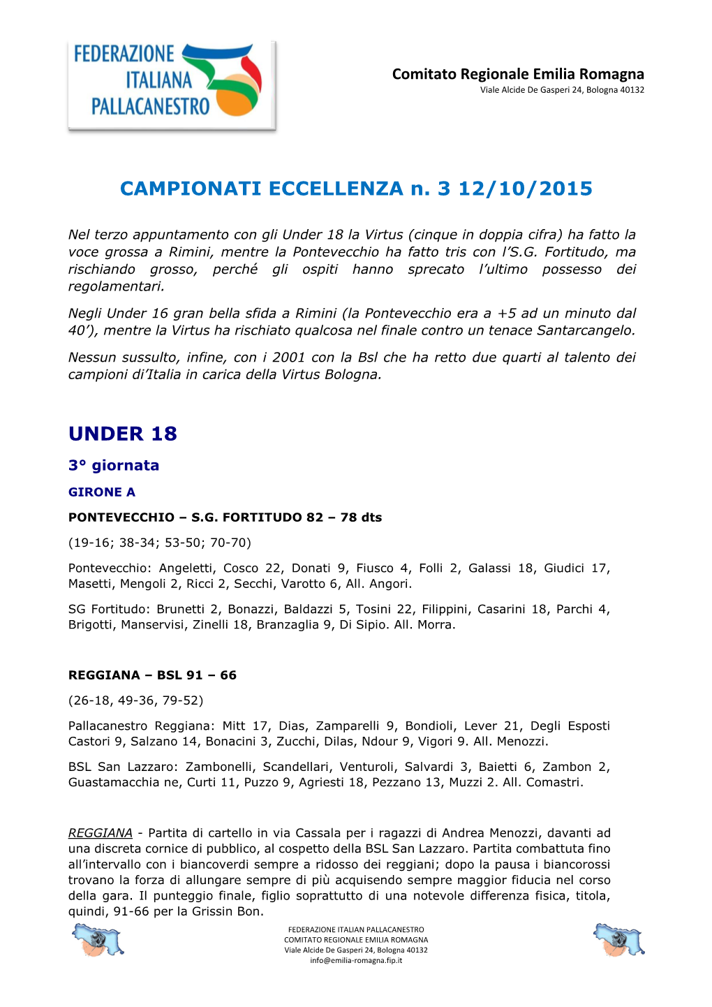 CAMPIONATI ECCELLENZA N. 3 12/10/2015 UNDER 18