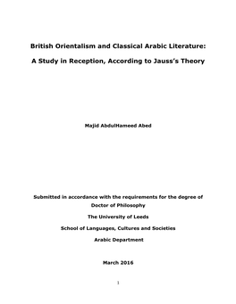 British Orientalism and Classical Arabic Literature: a Study In