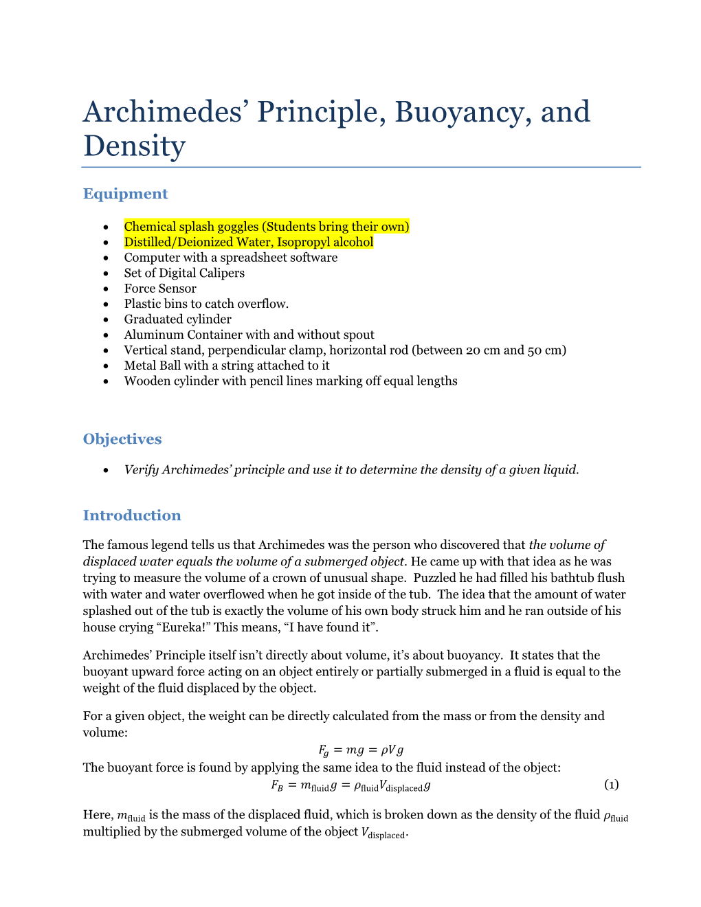 Archimedes' Principle, Buoyancy, and Density