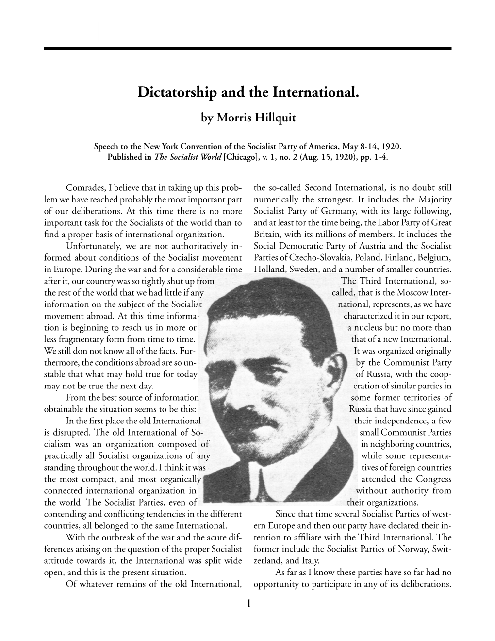 "Dictatorship and the International," by Morris Hillquit