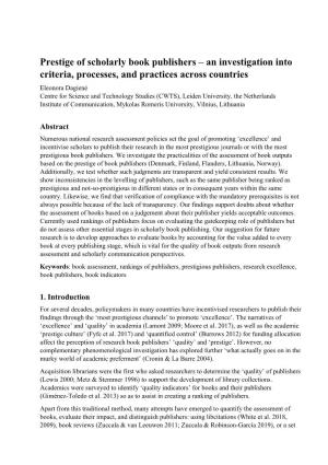 Prestige of Scholarly Book Publishers – an Investigation Into Criteria, Processes, and Practices Across Countries
