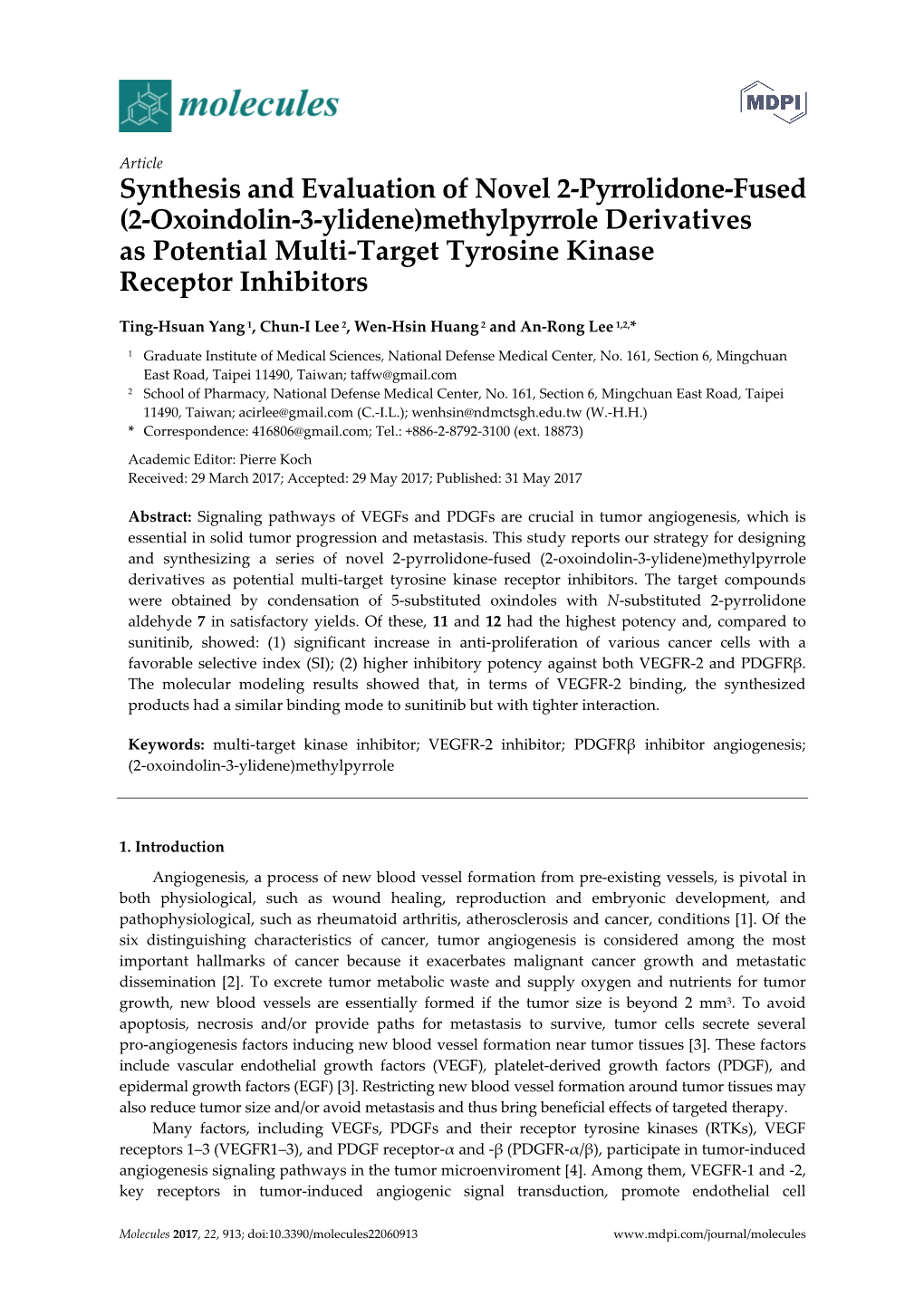 Synthesis and Evaluation of Novel 2-Pyrrolidone-Fused (2-Oxoindolin-3-Ylidene)Methylpyrrole Derivatives As Potential Multi-Target Tyrosine Kinase Receptor Inhibitors