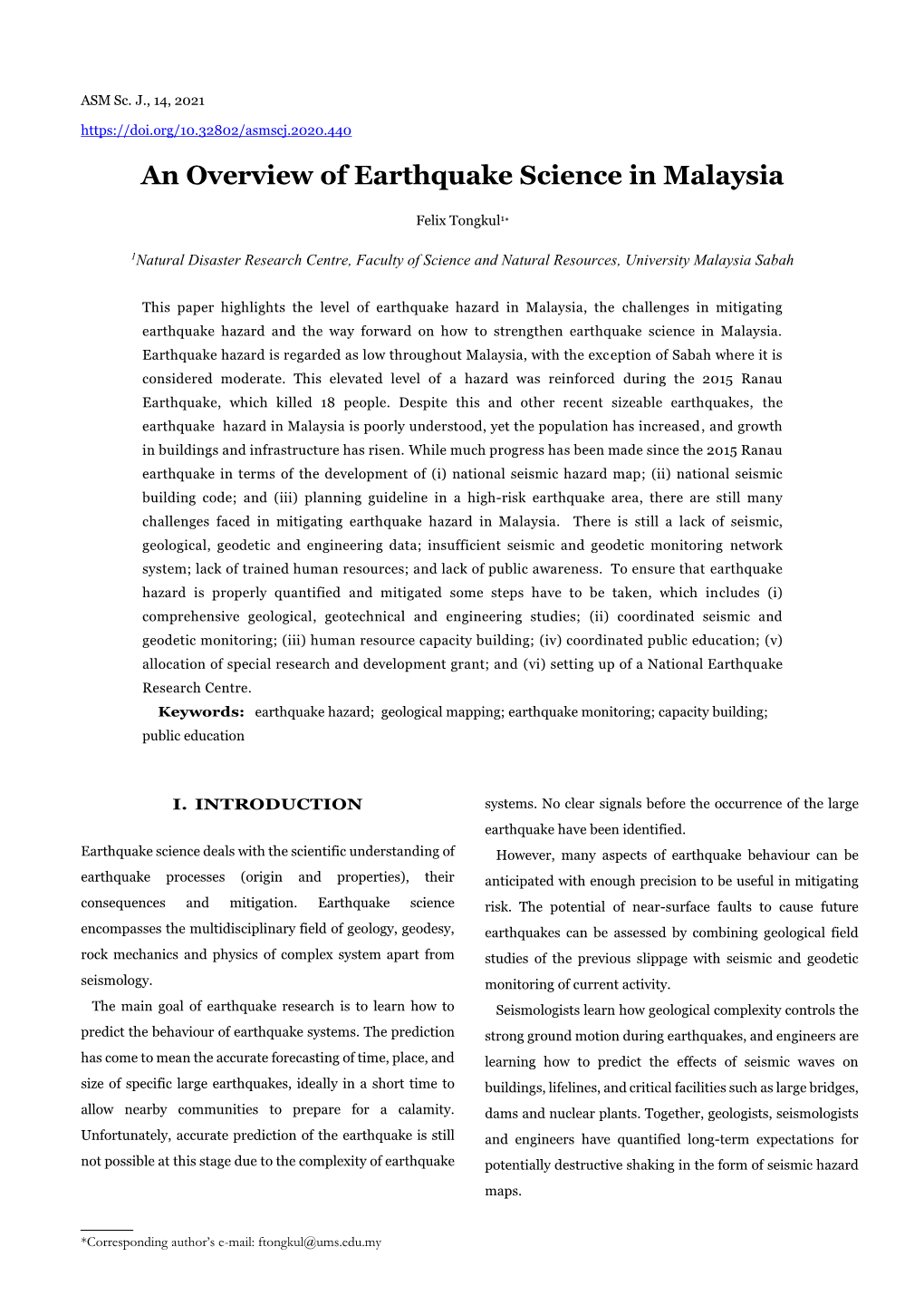 An Overview of Earthquake Science in Malaysia