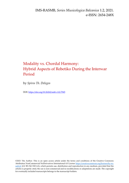 Modality Vs. Chordal Harmony: Hybrid Aspects of Rebetiko During the Interwar Period