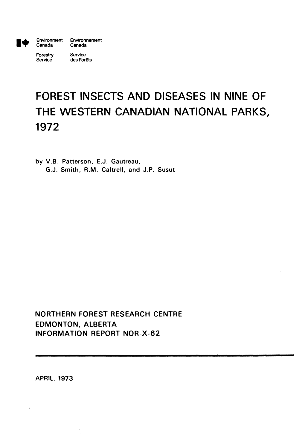 Forest Insects and Diseases in Nine of the Western Canadian National Parks, 1972