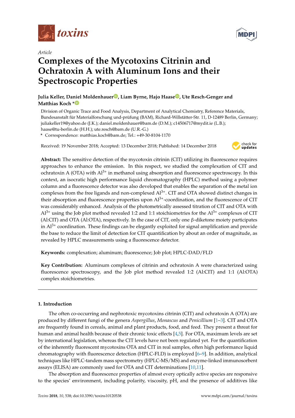 Complexes of the Mycotoxins Citrinin and Ochratoxin a with Aluminum Ions and Their Spectroscopic Properties
