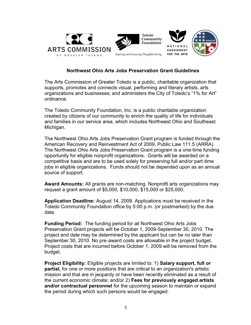 OHIO ARTS COUNCIL (OAC) Ohio Arts Jobs Preservation Grant Guidelines