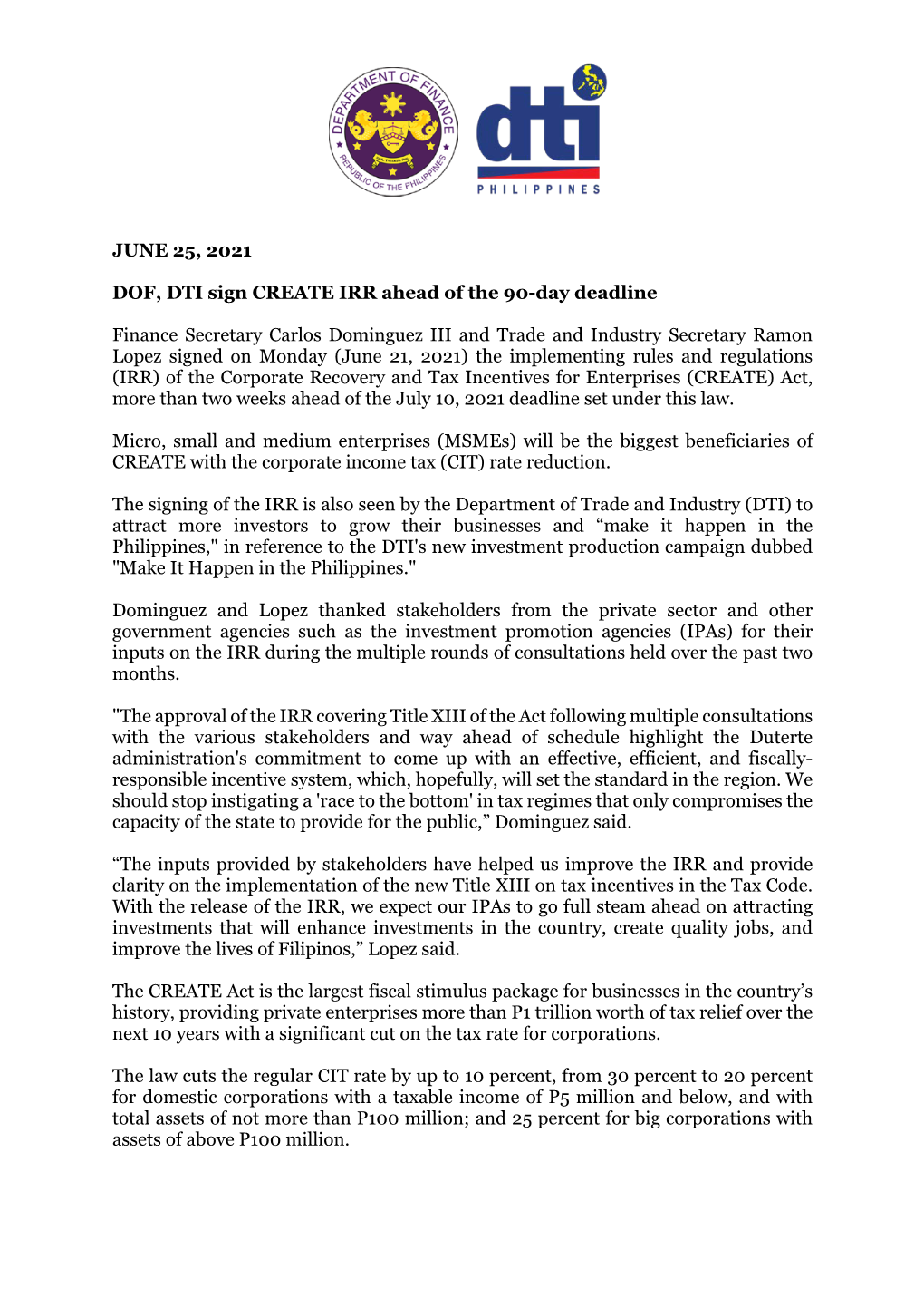 JUNE 25, 2021 DOF, DTI Sign CREATE IRR Ahead of the 90-Day