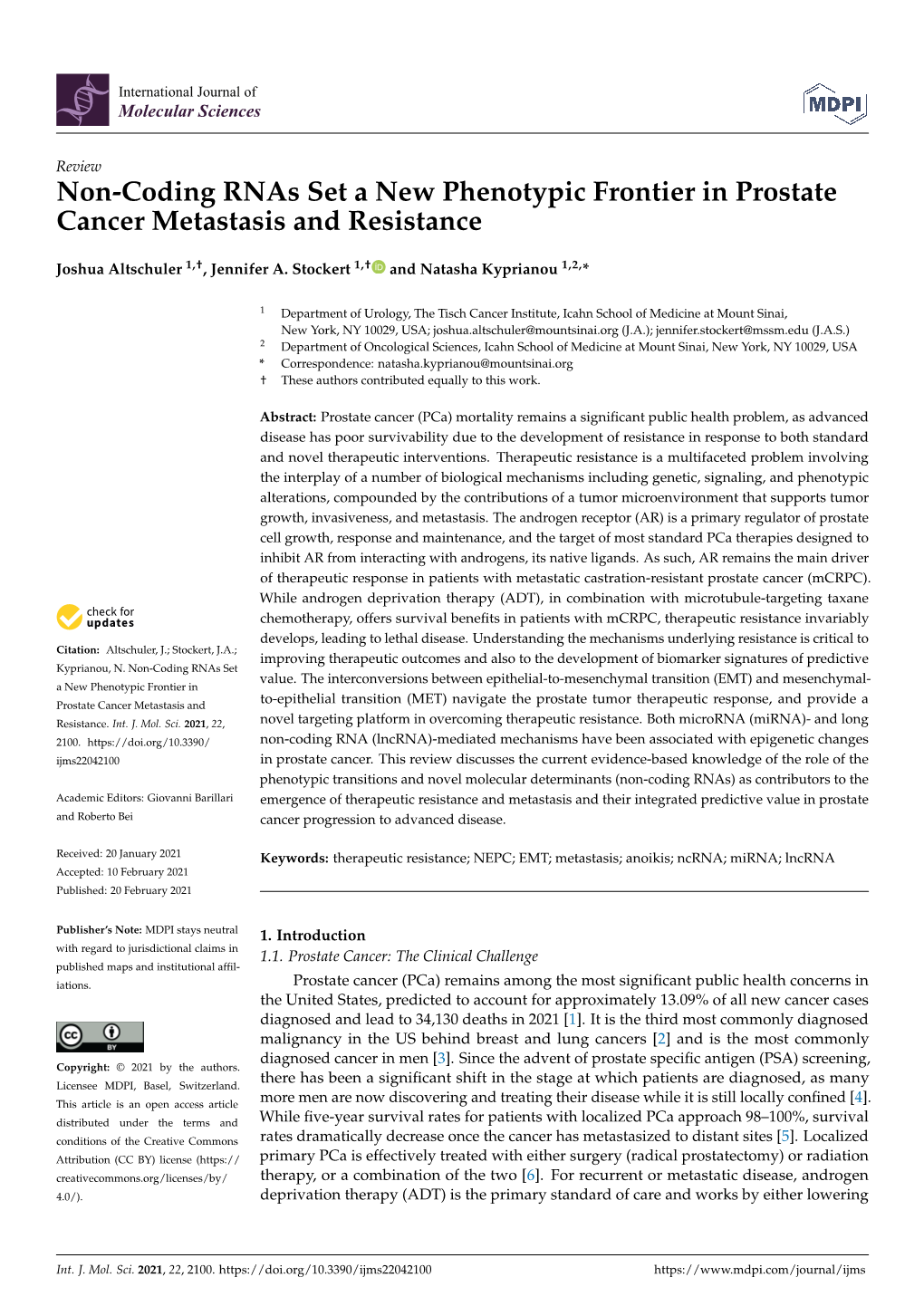 Non-Coding Rnas Set a New Phenotypic Frontier in Prostate Cancer Metastasis and Resistance