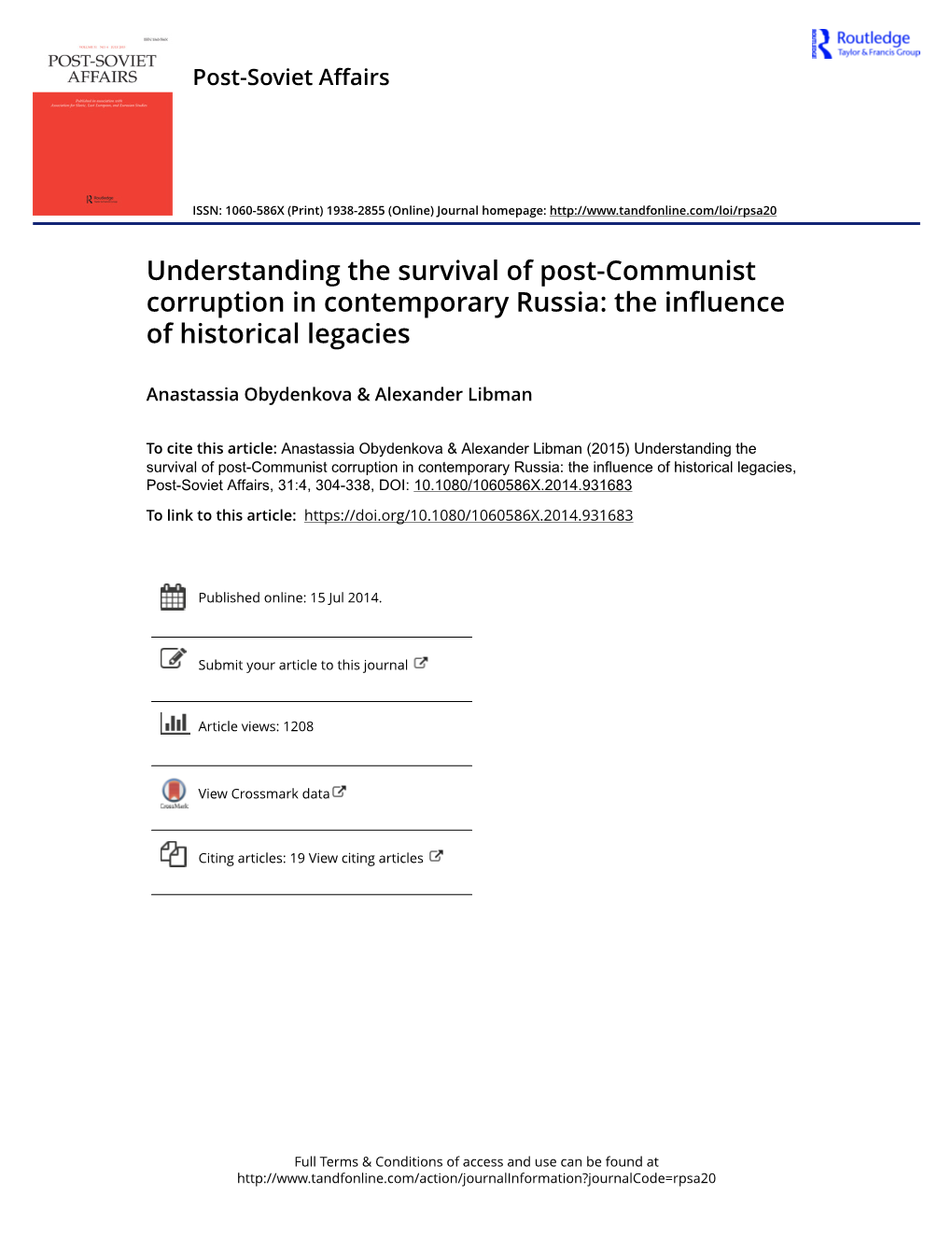 Understanding the Survival of Post-Communist Corruption in Contemporary Russia: the Influence of Historical Legacies