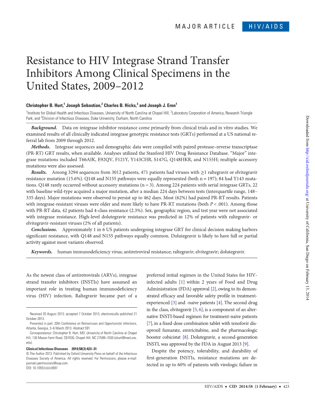 Resistance to HIV Integrase Strand Transfer Inhibitors Among Clinical Specimens in the United States, 2009–2012