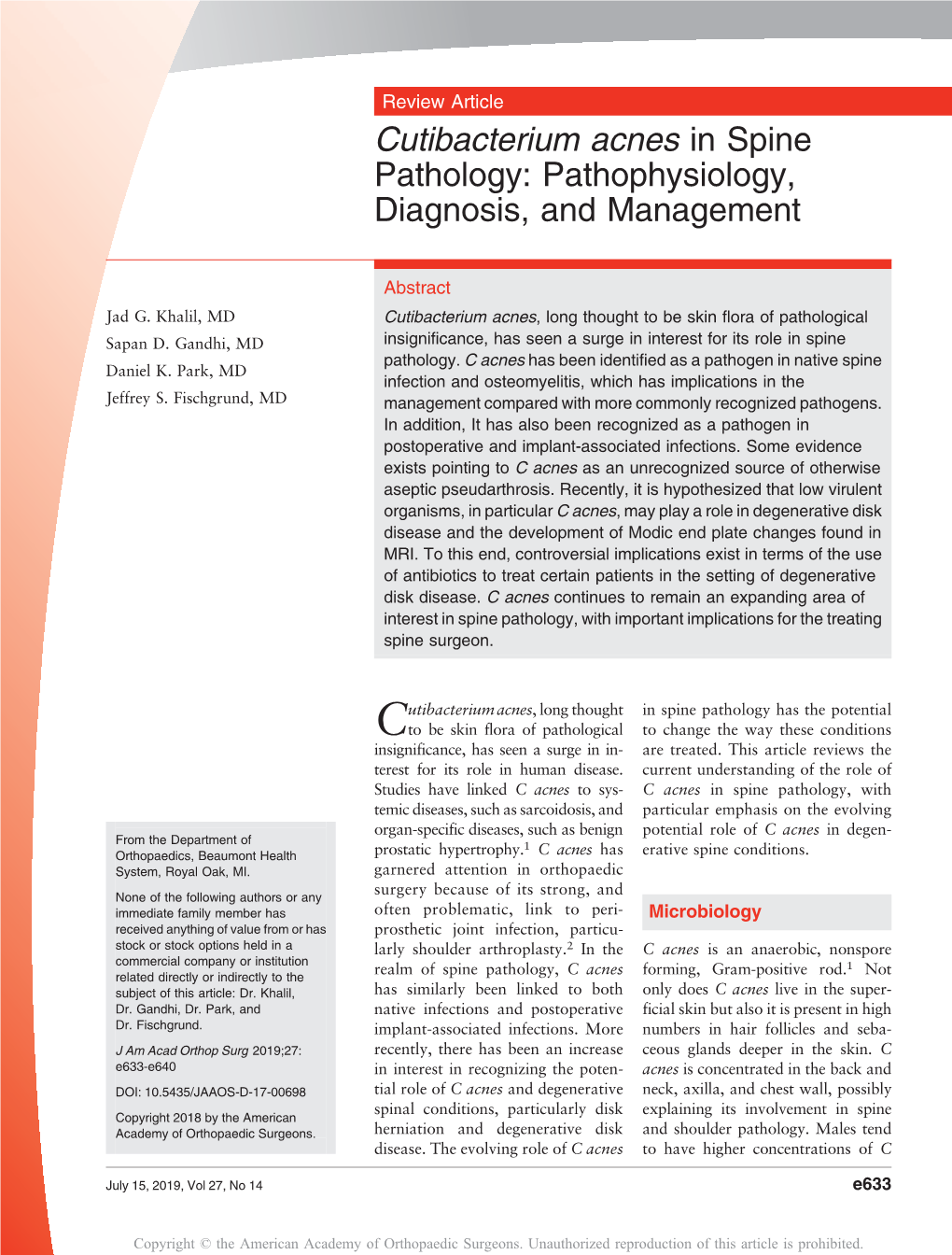 Cutibacterium Acnes in Spine Pathology: Pathophysiology, Diagnosis, and Management