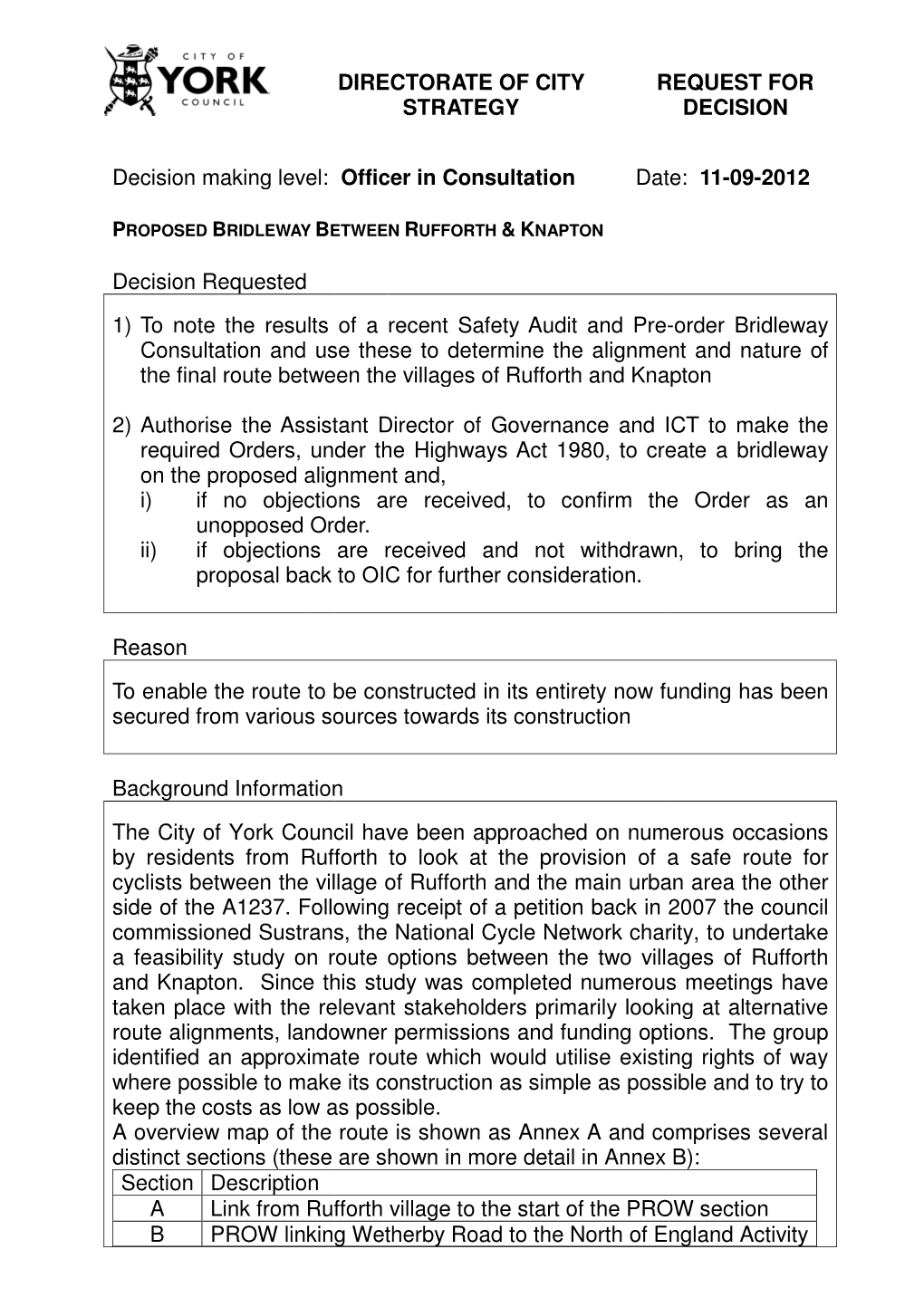 Proposed Rufforth to Knapton Bridleway - Annex a Map Notes: 0 310 620 930 1,240 1,550 Date: 15/08/2012 Author: Andy Vose Metres Start of PROW