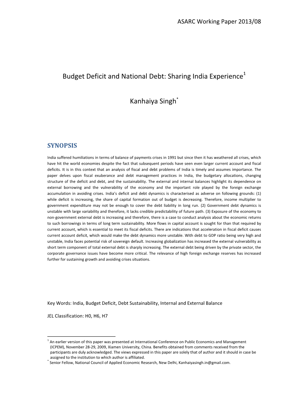 Budget Deficit and National Debt: Sharing India Experience1