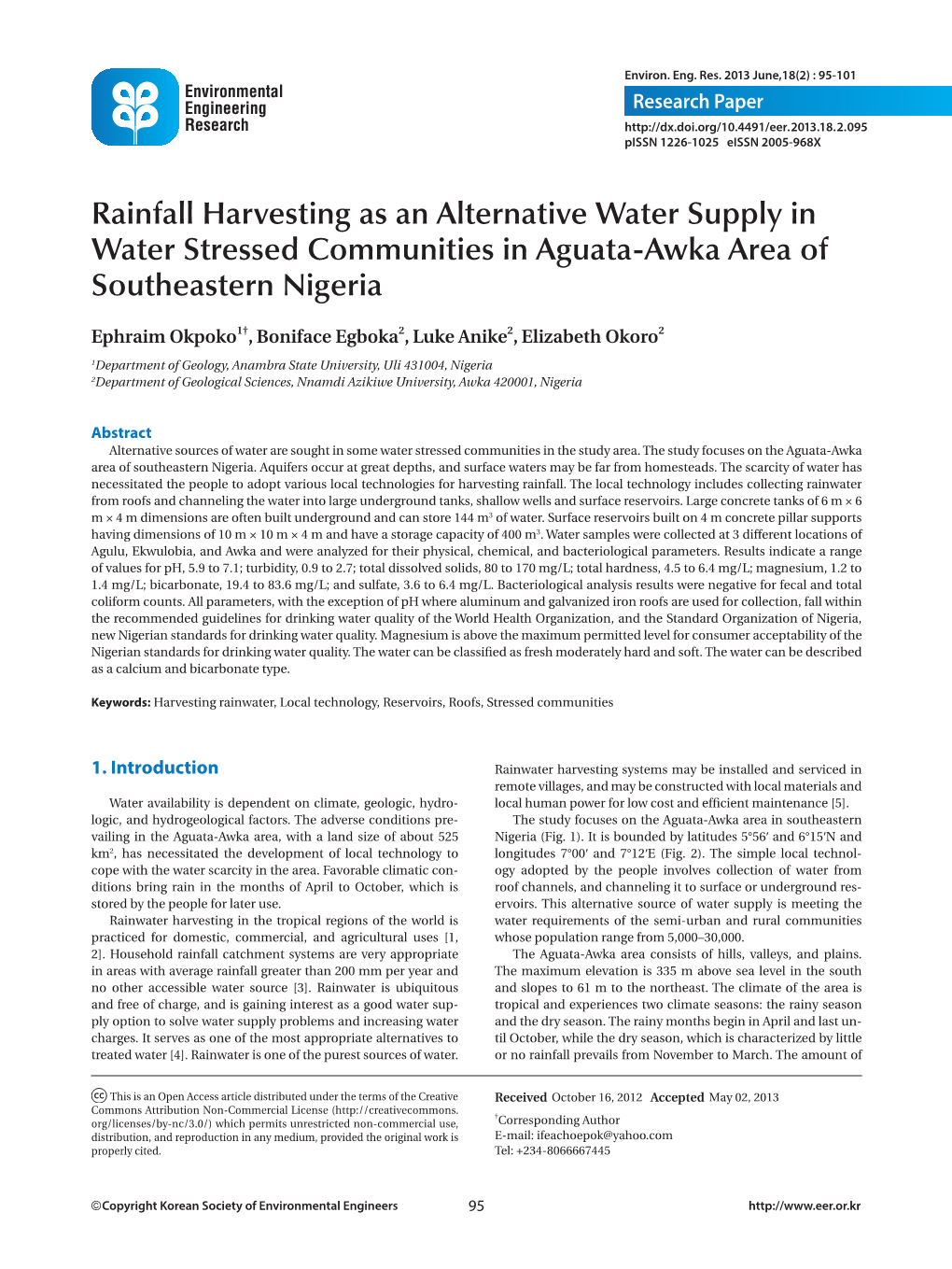 Rainfall Harvesting As an Alternative Water Supply in Water Stressed Communities in Aguata-Awka Area of Southeastern Nigeria