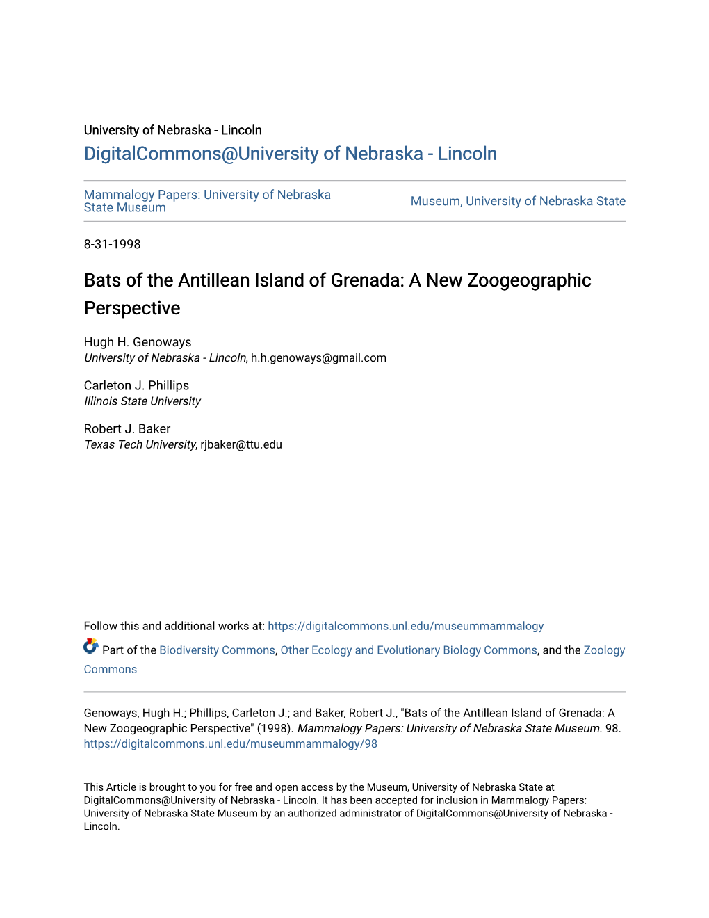 Bats of the Antillean Island of Grenada: a New Zoogeographic Perspective