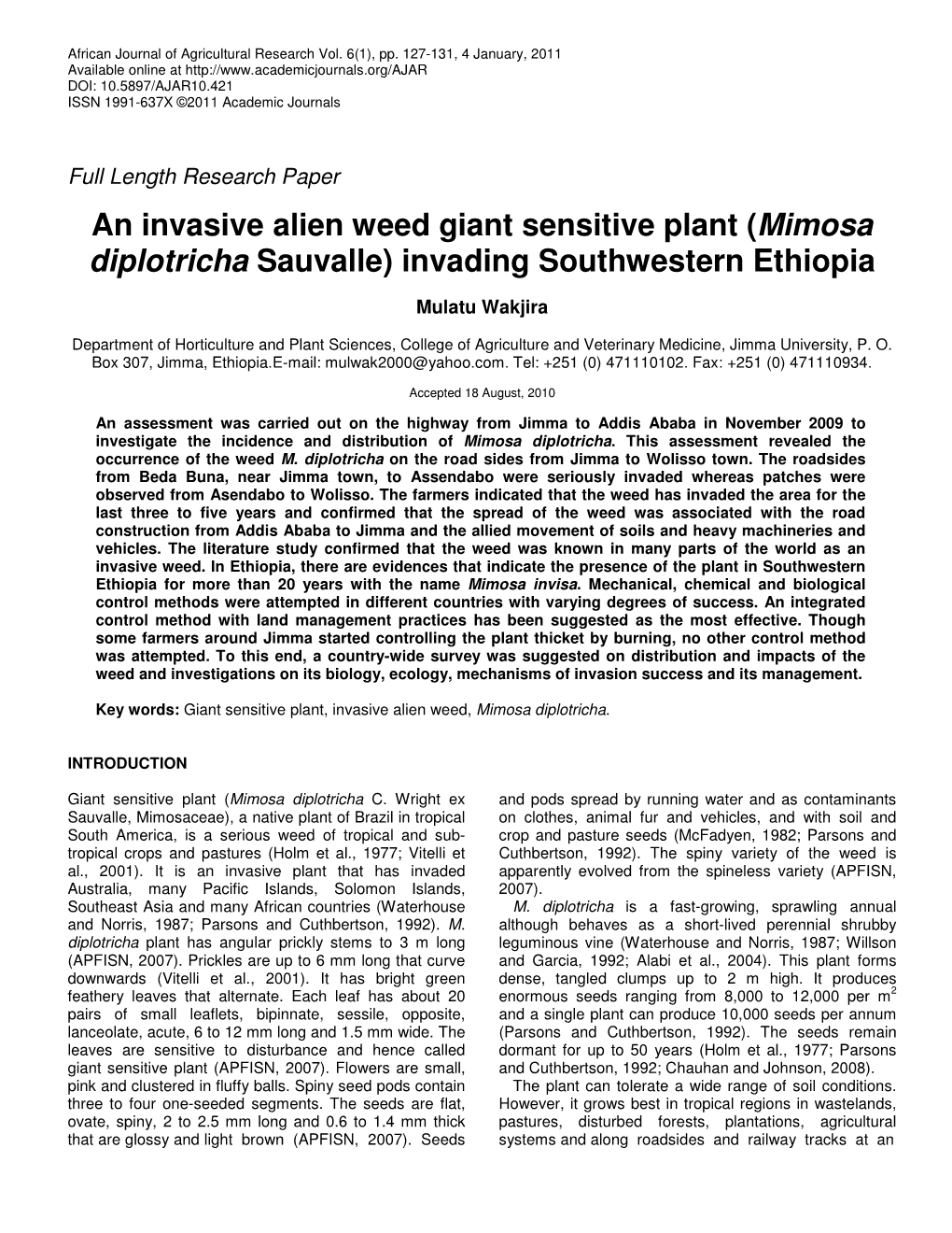 An Invasive Alien Weed Giant Sensitive Plant (Mimosa Diplotricha Sauvalle) Invading Southwestern Ethiopia