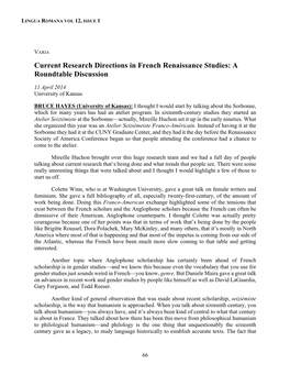 Current Research Directions in French Renaissance Studies: a Roundtable Discussion