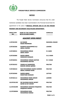 PPSC Medical Officer Merit List 2016