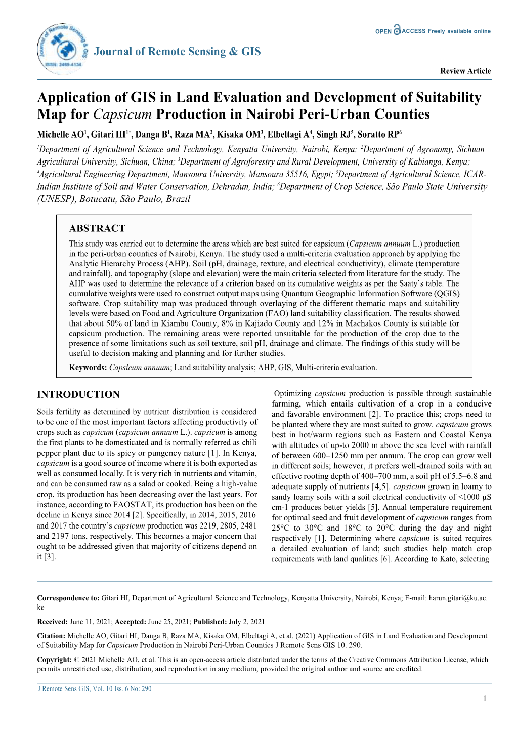 Application of GIS in Land Evaluation and Development of Suitability Map for Capsicum Production in Nairobi Peri-Urban Counties