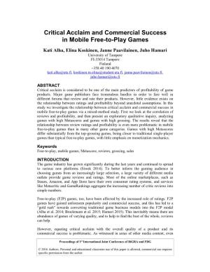 Critical Acclaim and Commercial Success in Mobile Free-To-Play Games
