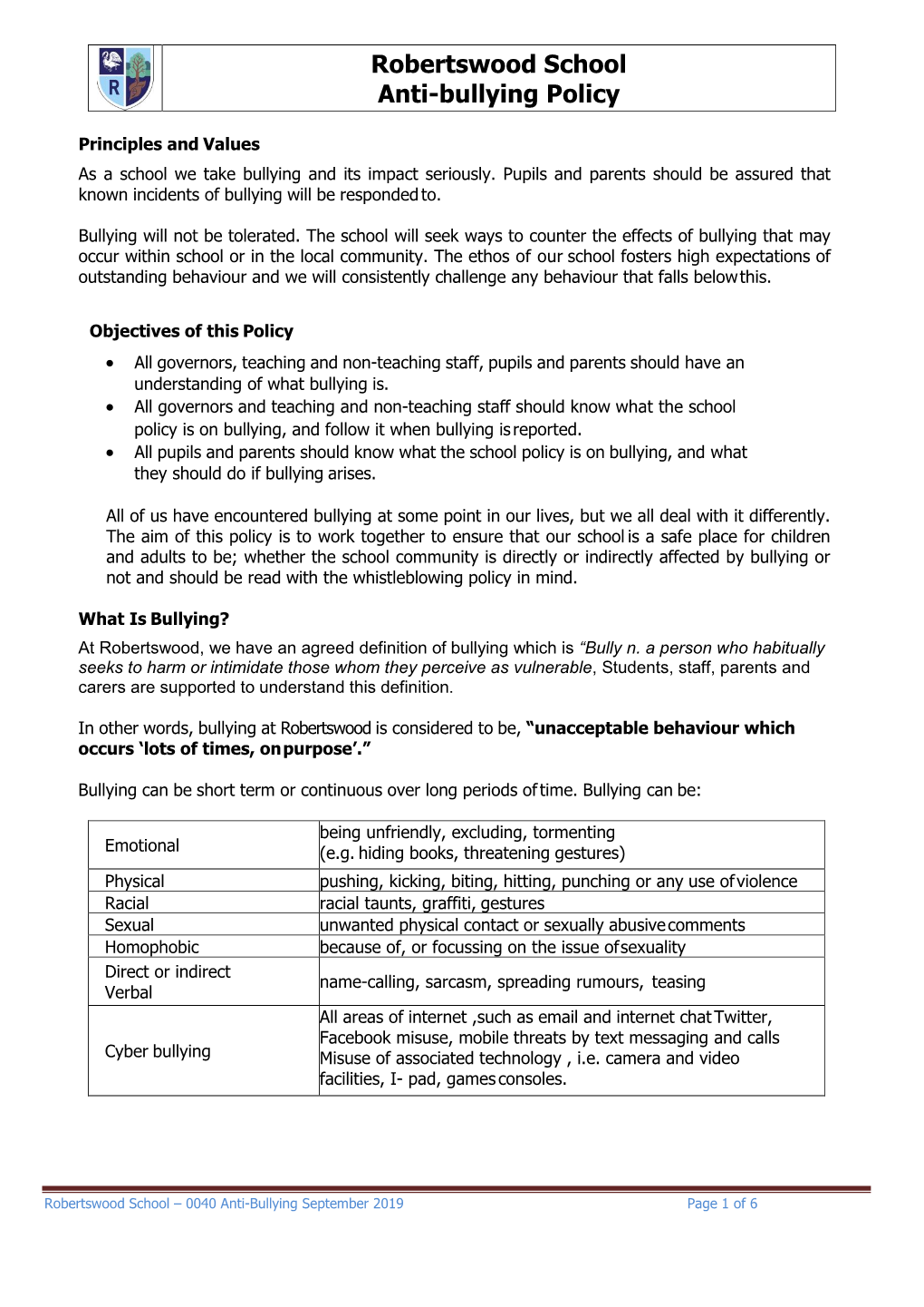 Anti-Bullying Policy September 2019