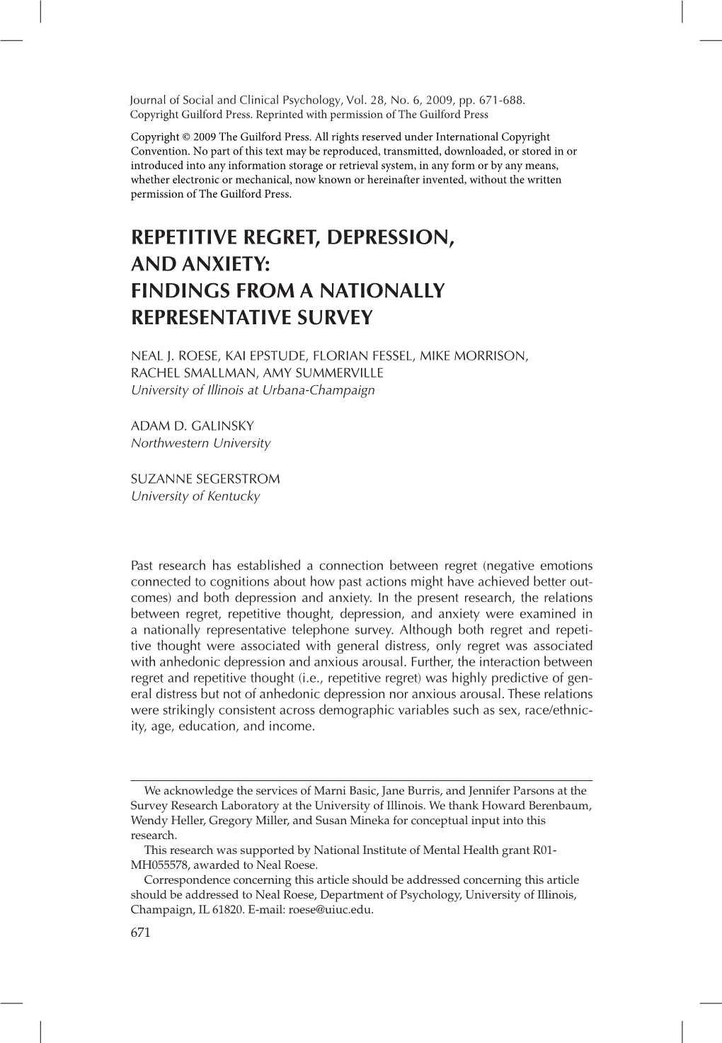 Repetitive Regret, Depression, and Anxiety: Findings from a Nationally Representative Survey